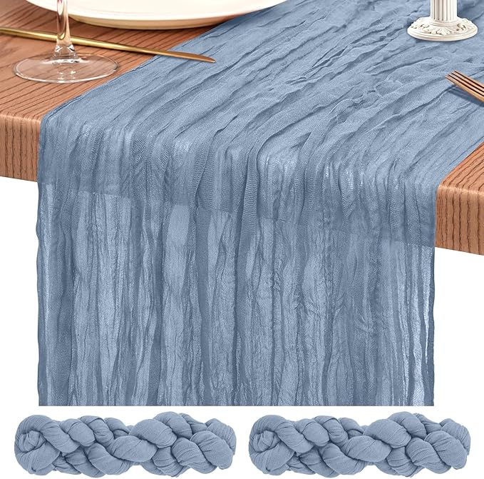 2 Pack Cheesecloth Table Runner 10FT Dusty Blue Table Runner Boho Gauze Cheese Cloth Table Runners Long Rustic Sheer Table Decorations for Wedding Party Baby Bridal Shower Birthday Holiday Home