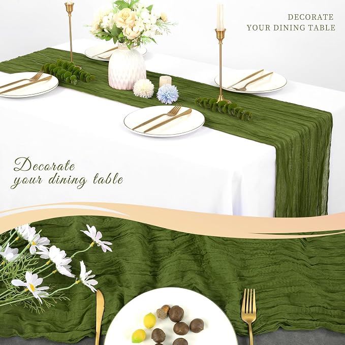 20 Pack Cheesecloth Table Runner 17 x 108 inch Long Boho Gauze Table Runners Semi Sheer Table Runner for Wedding Decor, Baby Shower, Birthday Party, Banquet (Olive Green)