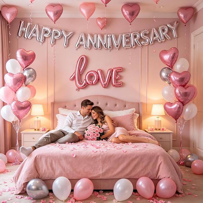 Pink Happy Anniversary Balloons Kit with Heart Shaped, Love Foil Balloons and 1000 Pieces Rose Petals for Valentine's Day Proposals Decorations (Pink - Happy Anniversary)