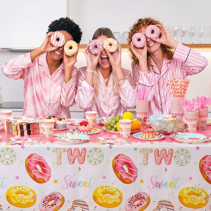 Funnymoom 452 Pcs Donut Two Sweet Birthday Decorations Girls for 50 Guests, Pink Donut Themed Paper Plates Cups Napkins Tablecloth Cutlery Straws for Girl 2nd Birthday Party Supplies