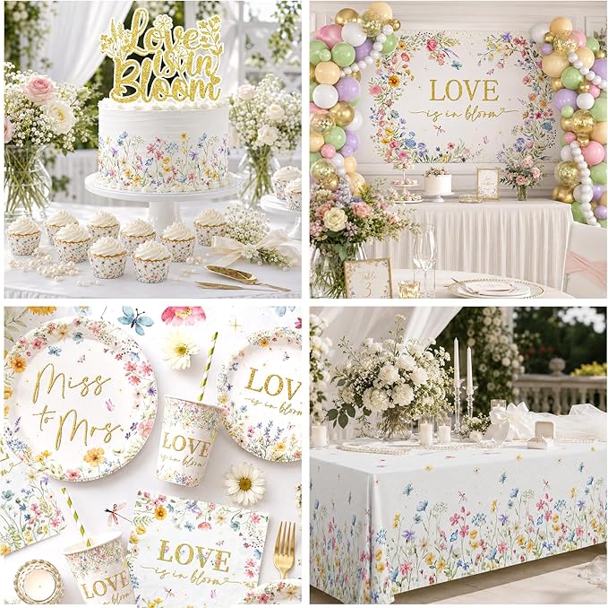 Love is in Bloom Bridal Shower Decorations - 233Pcs Miss to Mrs Tableware and Balloon Arch Garland Set, Floral Themed Wedding Shower Decorations