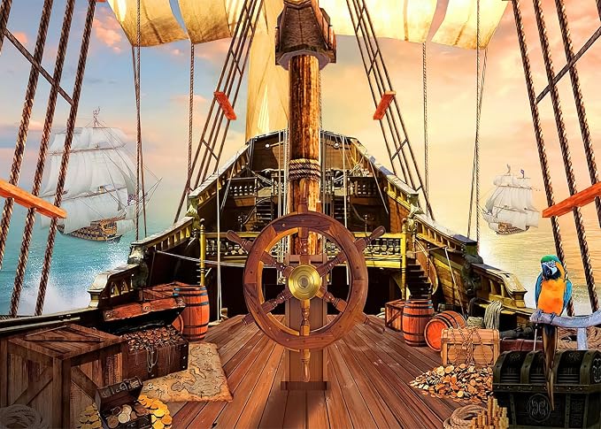 9X6Ft Pirate Ship Backdrop for Photography Old Wooden Deck Nautical Treasure Map Kids Boys Happy Birthday Supplies Baby Shower Decorations Banner Background Photo Studio Booth Props