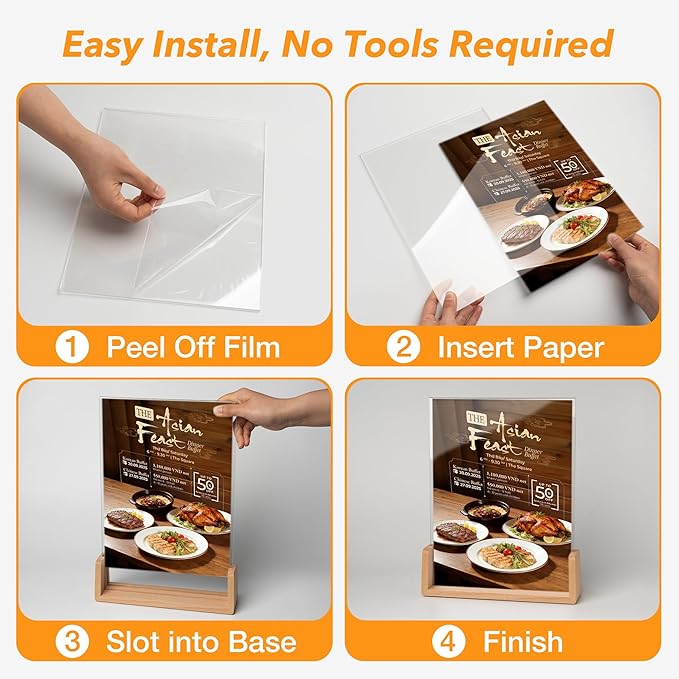 U-Shaped Acrylic Sign Holder 8.5 x 11 with Wood Base, Clear Double-Sided Flyer Stands for Display Menu, Flyer, Poster, Certificate, Photo, Restaurant, Office, and Home (1pk)