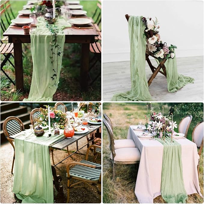 15 Pack Cheesecloth Table Runner 6FT Gauze Cheese Cloth Table Runner 35x 72Inch Boho Table Runners Romantic Table Cover for Wedding Birthday Party Engagement Bridal Baby Shower Table Decor(Sage Green)