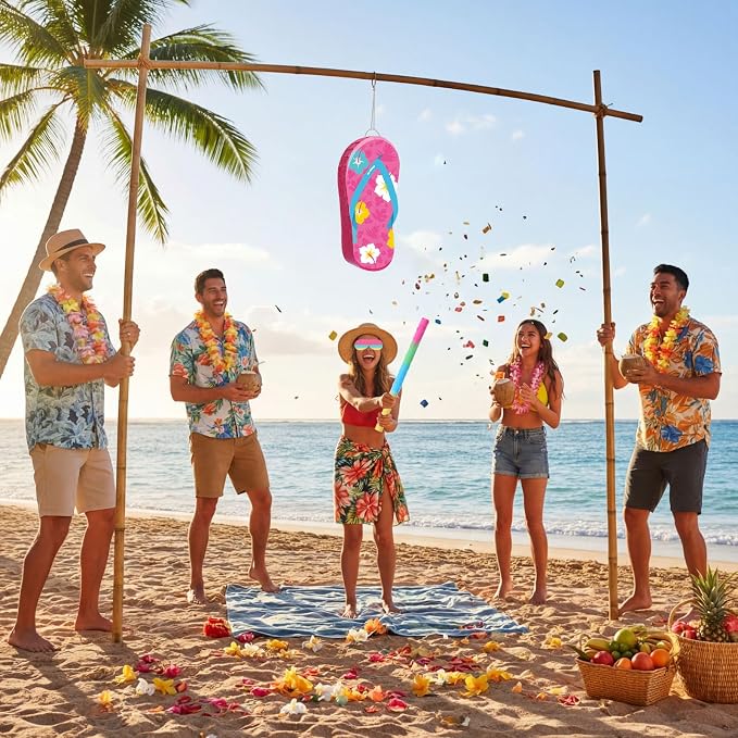 Blosssound Flip Flop Piñata Summer Themed Party Decorations Hibiscus Slippers Piñata with Blindfold Stick for Tropical Hawaiian Luau Beach Pool Theme Birthday Baby Shower Decor Supplies