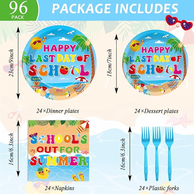96 Pcs Happy Last Day of School Paper Party Plates and Napkins for Hello Summer Vacation Supplies Summer End of School Year Theme Dessert Tableware Set for 24 Guests Birthday Party Decorations