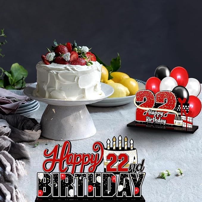 LINGTEER Happy 22nd Birthday Red Acrylic Table Topper Centerpieces Set - Cheers to 22 Years Old Birthday 22nd Bday Party Gift Decorations.