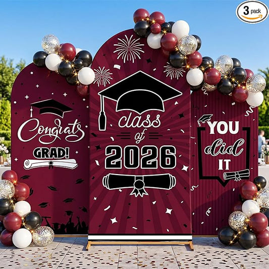 WovWeave Graduation Arch Backdrop Stand Cover Set of 3-4ft 5ft 6ft Grad Arch Cover Photo Booth Backdrop Decorations for Graduation Party Decor Supplies(Maroon,Class of 2026)