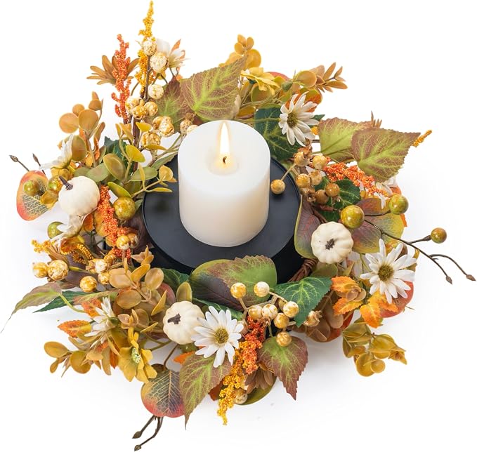 MOYEE Autumn Centerpieces for Tables Candle Ring, Black Metal Candlestick with an Artificial Wreaths 14 in Versatile Dining Table Centerpiece Decor (Pumpkin and Daisy Wreath)
