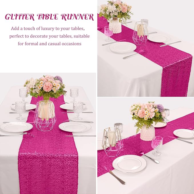 6 Pack Hot Pink Valentine's Day Sequin Table Runner 12" x 72" Sparkle Table Runner for Baby Bridal Shower Wedding Birthday Party Table Decor (Hot Pink)