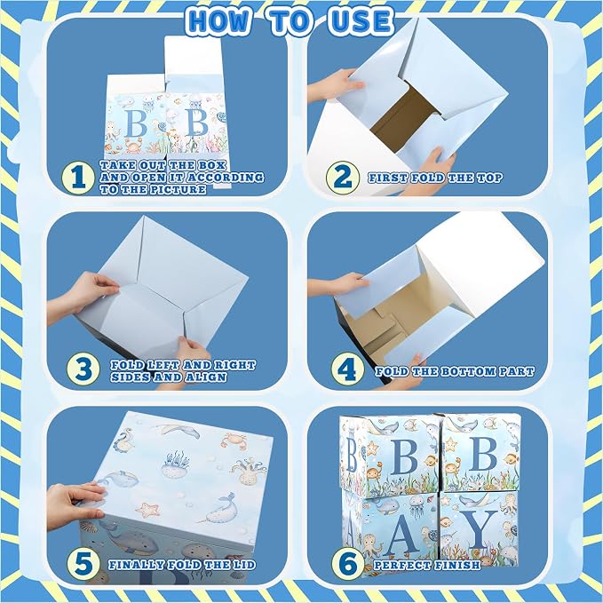 4 Pcs Under The Sea Baby Shower Boxes Ocean Theme Baby Shower Decorations Blocks with Letter Underwater Sea You Soon Party Centerpiece for Backdrop