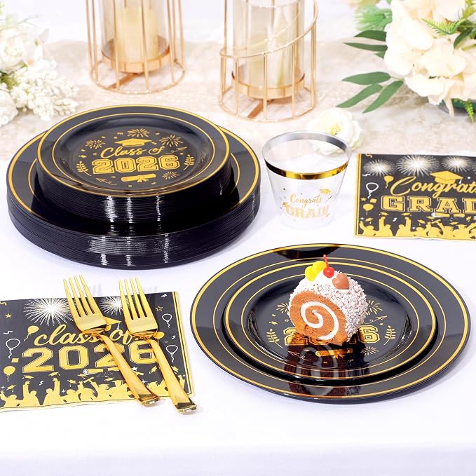 150 Pcs 2026 Graduation Plastic Plates with Disposable Silverware Serves 30 Guests, Black Gold Graduation Disposable Plates Including 30 Dinner&Dessert Plates, Cups, Napkins, Gold Forks for Party