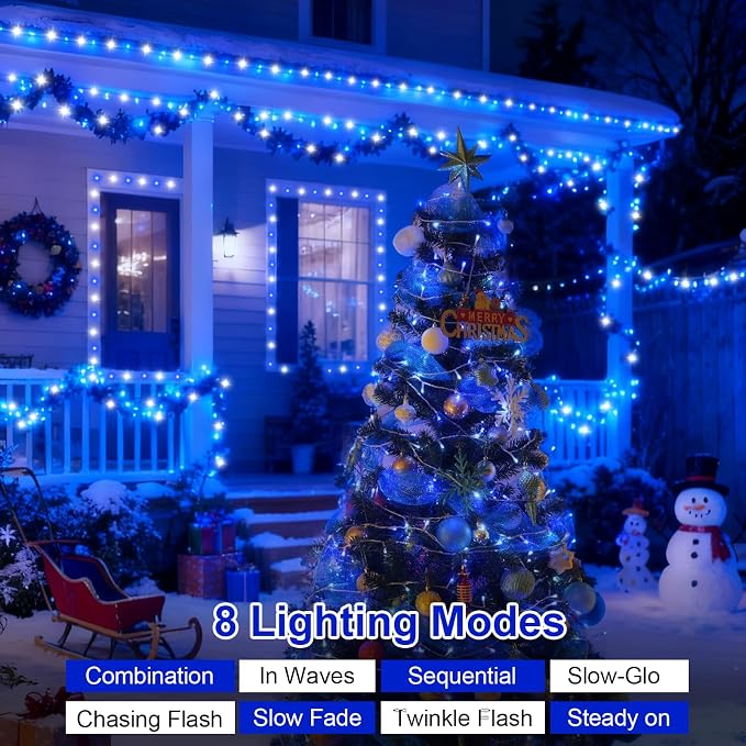 QITONG 2 Pack Battery Operated String Lights, Each 33ft 100 LED Blue and White Christmas Lights Outdoor Waterproof, 8 Modes Clear Wire Twinkle Fairy Lights Indoor with Remote
