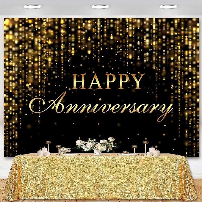 Sensfun Happy Anniversary Backdrop Banner Black Gold Glitter Cheers to Marriage Wedding Party Decorations Shining Flowing Curtain We Still Do Anniversary Sign Photography Background 10x6.5ft