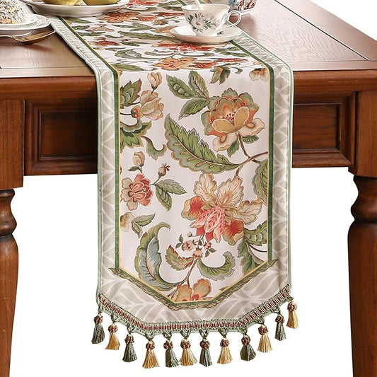 patdrea Designer Elegant French Floral Velvet Table Runner, Fresh Green with Orange Blossoms Pattern Table Mat, Decoration for Kitchen Dining Coffee Table Cabinet Banquet Thanksgiving,12"*71"