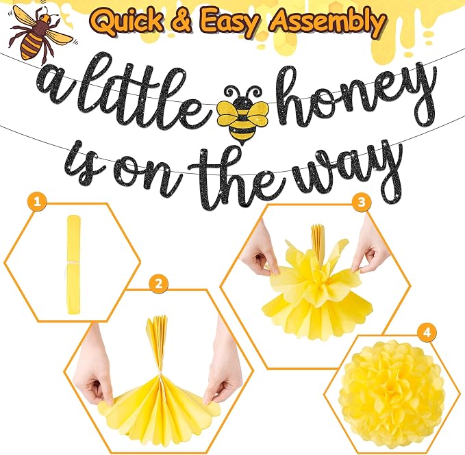 Kriyokiaa Bee Baby Shower Decorations 15 Pcs Honey Bee Baby Shower Decorations with A Little Honey is On The Way Banner, Paper Lantern Fans, Pom Poms, Honeycomb Ball for Bumblebee Party Decor
