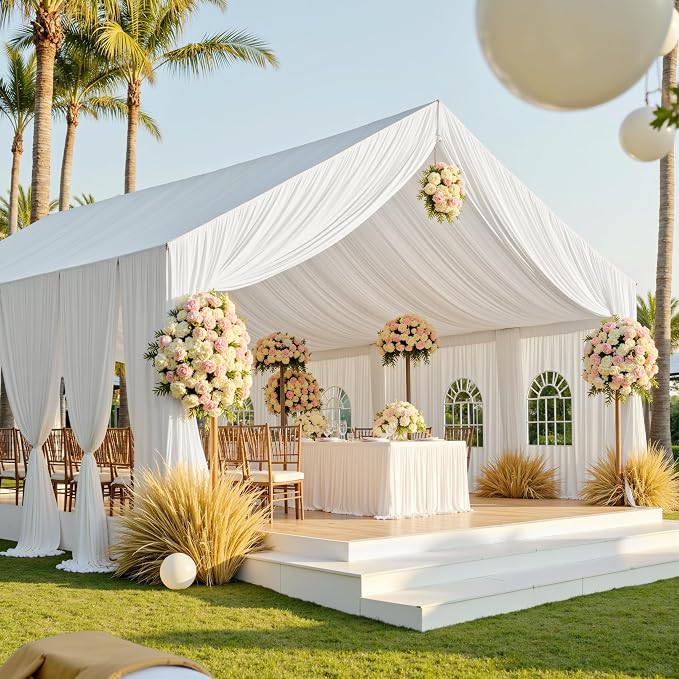 20ftx40ft White Ceiling Curtain for Wedding Parties – 4 Panels Wrinkle-Free 40 FT Long Tent Draping Curtains for Wedding, Birthday & Theme Parties, 40ft Height with Rod Pocket