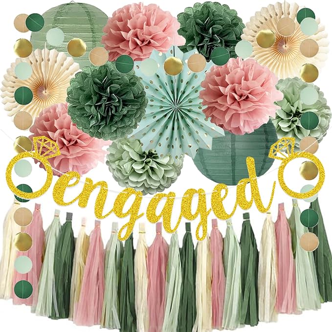 Engagement Party Decorations Pink and Sage Green Engaged Party Decoration Olive Tissue Pom Poms Paper Fans Tassel Garlands for Sage Green Dusty Pink Bridal Shower Engagement Married Decoration