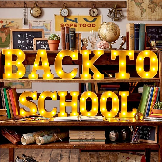 Honoson 12 Pcs Back to School Decoration LED Letter Lights Sign Neon Marquee Lights First Day of School Table Decoration for Classroom Office Desktop Decor