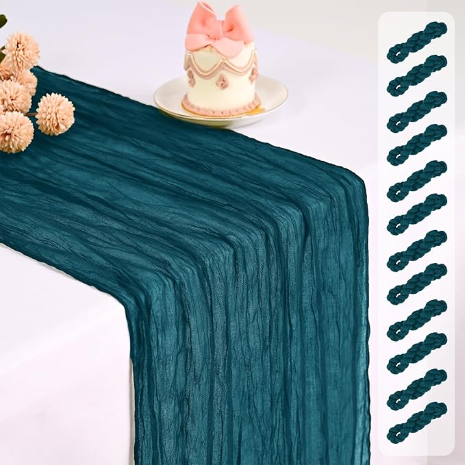 Pesonlook 12 Pack Cheesecloth Table Runner,Teal Table Runner Long Romantic Semi Sheer Rustic Boho Gauze Table Runners for Wedding Bridal Shower Birthday Party Decorations(17.7×108 Inch)