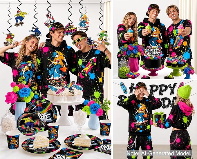 215Pcs Skateboard Birthday Party Decorations, All-in-One Party Supplies Includes Banner, Cake Cupcake Topper, Balloons, Plates and Napkins, Easy Setup Skate Party, Serves 25
