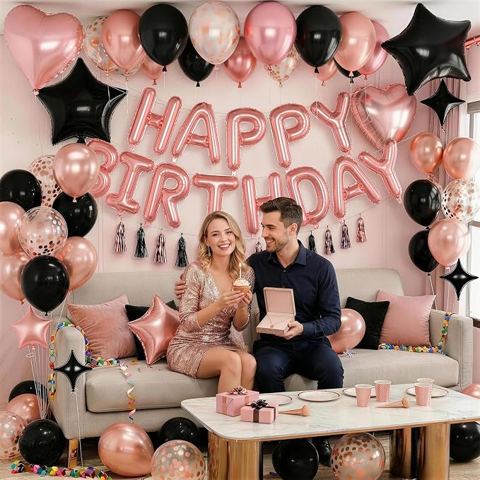 Rose Gold and Black Birthday Decorations for Women Black Pearl Rose Gold Metallic Party Balloons Confetti Balloon Happy Birthday Banner Heart Balloons 18/10 Inch Star Balloon for Bday Party Supplies