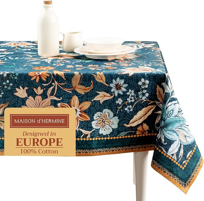 Maison d' Hermine Table Cloth Rectangle Table 100% Cotton 70 x 90 Inches Fall Tablecloth Reusable Everyday Use for Thanksgiving Christmas Decorations Dining Farmhouse Party (Luxury Loft - Dark Teal)