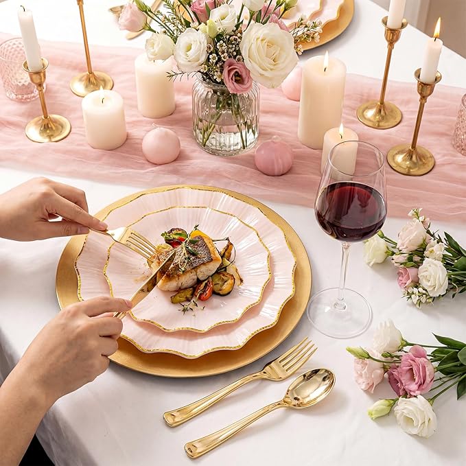 U-QE 150PCS Pink Plastic Plates for Party, Heavy Duty Pink Disposable Plates, Gold Dinnerware Set Include 30 Dinner Plates,30 Dessert Plates,30 Gold Plastic Silverware Set for Mothers Day, Party