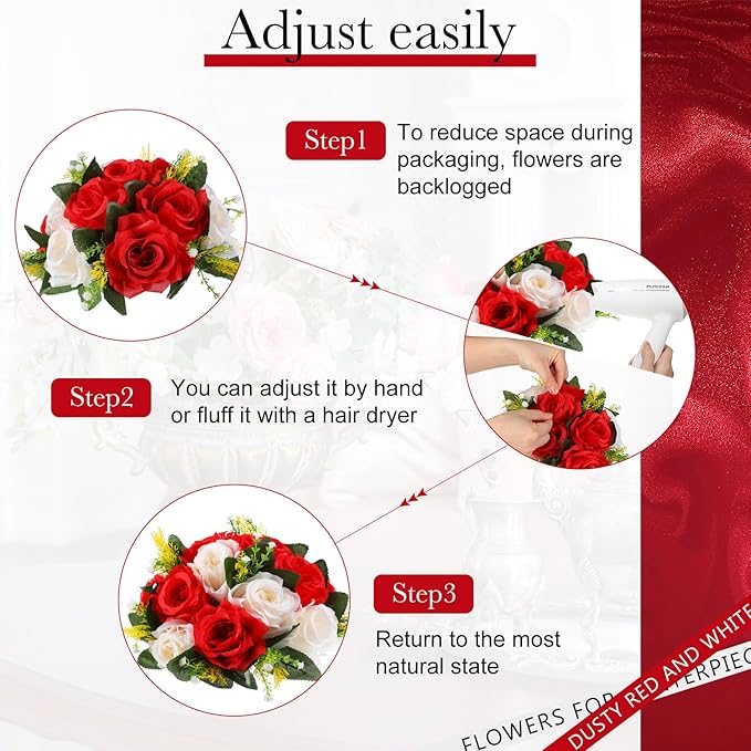 Hotop 12 Pcs Artificial Rose Flower Balls for Centerpieces, Silk Roses Kissing Balls Romantic Faux Floral Arrangements for Engagement Wedding Home Decor (Red,White)