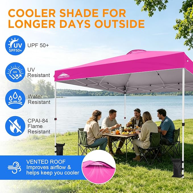EAGLE PEAK Pop Up Canopy Tent with Wheeled Carry Bag, 8 Stakes, 4 Ropes, 4 Weight Bags, Easy Set Up Tent Canopy, 12x12 ft, 144sqft of Shade, Pink