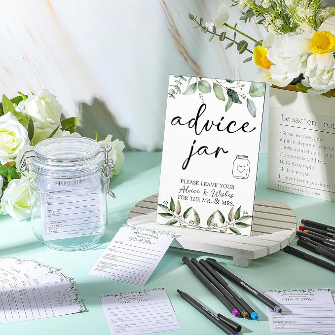 Sintuff 114 Pcs Advice and Wishes for The Mr and Mrs, Greenery Wedding Advice Jar, Green Leaves Bridal Shower Games, Advices and Wishes Cards and Sign for Bride and Groom, Wedding Games for Reception