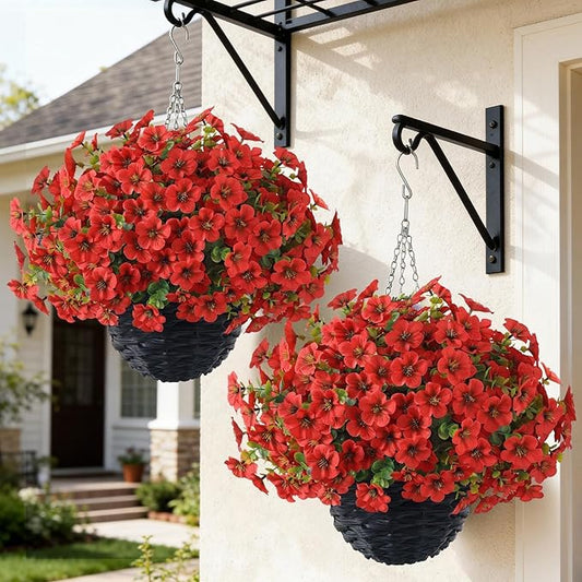 VIERENA 2 Sets Artificial Morning Glory and Eucalyptus Hanging Basket for Outdoor, UV-Resistant Fake Flower Hanging Basket, Suitable for Porch, Aisle, Garden, Patio, Eaves Decor (Red)