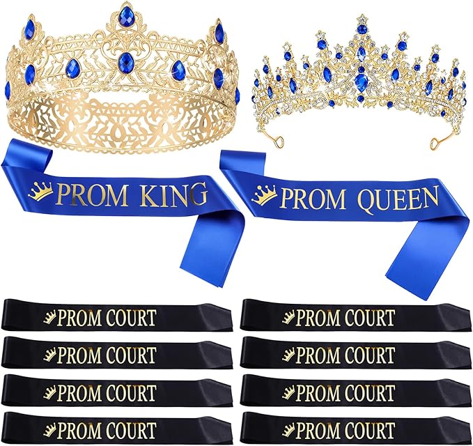 Retrowavy 12 Pcs Prom Crown and Sash Set, Prom King and Queen Tiara Rhinestone Crown Satin Sash for Graduation Party