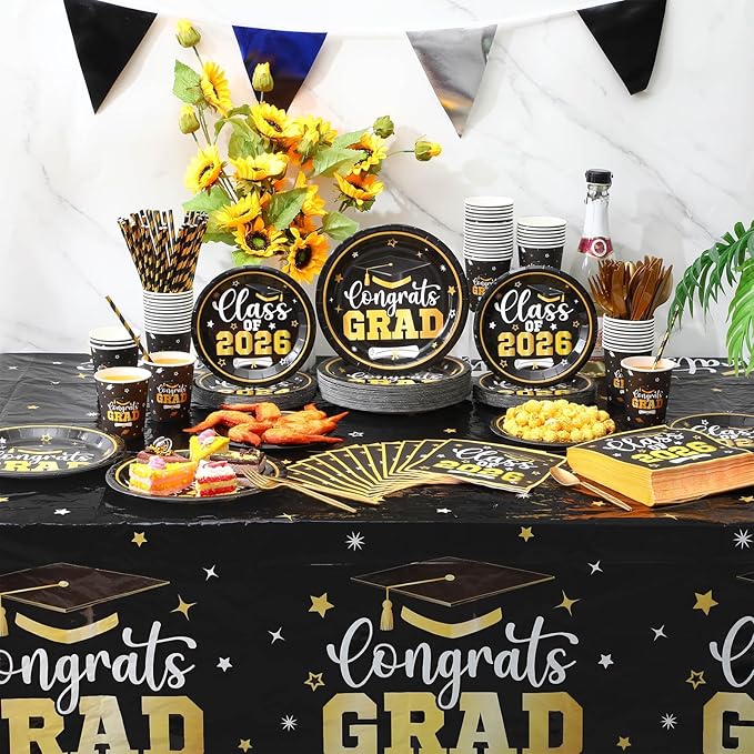 Funnymoom 452 Pcs Class of 2026 Graduation Party Decorations Supplies Include Black and Gold Graduation Paper Plates Napkins Cups Tablecloth Cutlery Straws for Congrats Grad Party