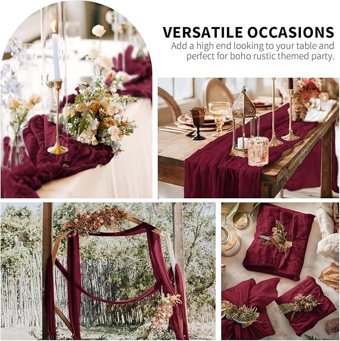 6 Pack Cheesecloth Table Runner,Burgundy Table Runner Long Romantic Semi Sheer Rustic Boho Gauze Table Runners for Wedding Bridal Shower Birthday Party Decorations(17.7×108 Inch)