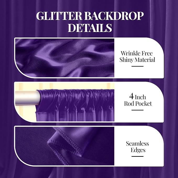 30x10ft Purple Glitter Backdrop Curtain for Parties, Wrinkle Free Satin Photo Backdrop Drapes 6 Panels 5x10FT Shimmer Back Drop Cloth for Wedding Birthday Baby Shower Photography Background Decor