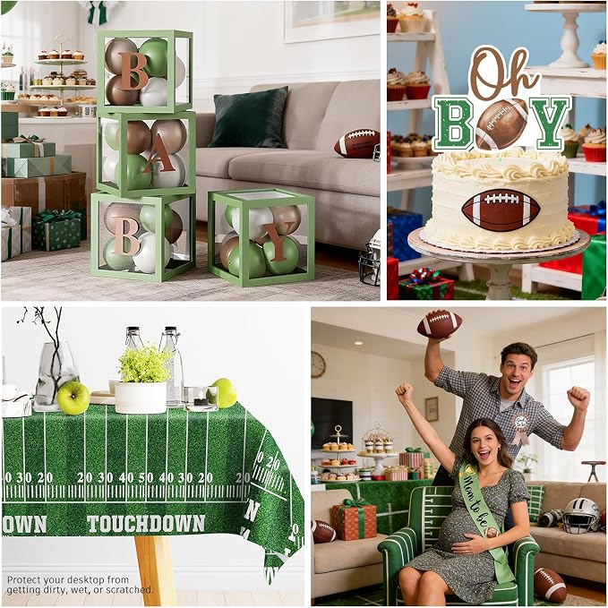 Cocomigo 287pcs Football Baby Shower Decorations for Sports Fans, All-in-one Green Football Baby Shower Set for 25 Guests, with Balloon Arch Thick Plates Tablecloths and Cupcake Toppers