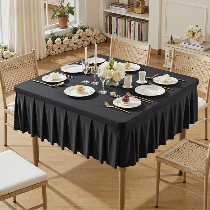 Wish Care Black Spandex Tablecloths for 54x54 Inch Square Tables, Stretch Fitted Table Clothes with Pleated Ruffle Skirt for 54” Table, Wrinkle Free and Elastic, for Party Kitchen Home Dining