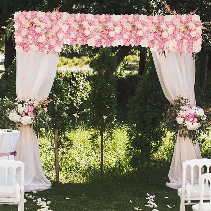 3D Flower Wall Backdrop - 12Pcs 15×15 Inch Artificial Rose Panels Pink & White Silk Floral Decor for Home Party Wedding Anniversary Birthday Photographic Studio Background & Decorative Fences