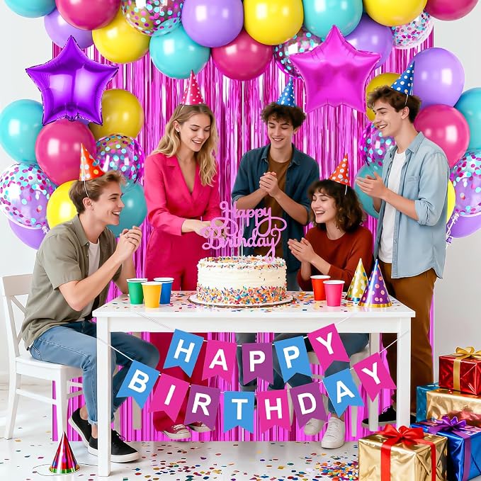 Pink Blue Purple Birthday Party Decorations for Girls Women, Hot Pink and Blue Birthday Decorations with Latex Balloons Happy Birthday Banner Cake Topper Star Foil Balloon Fringe Curtain