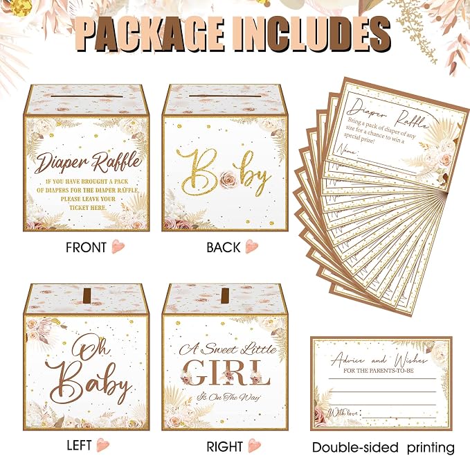 Teling 51 Pieces Diaper Raffle Tickets with Card Box Baby Shower Decorations Baby Shower Holder Box for Girl Boy Diaper Raffle Party(Boho Pampas Grass Dried Flower)