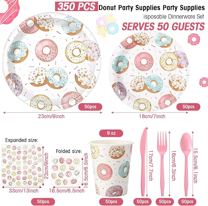 Ziliny 350 Pcs Donut Grow up Party Supplies Tableware Set Disposable 9'' 7'' Paper Plates 9 oz Cups Cutlery Napkins Dinnerware Set for 1st Birthday, Serve 50 (Donut Grow Up, Macron Color)