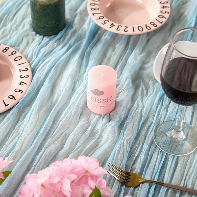 3 Pack Baby Blue Spring Table Runner Boho Cheesecloth Table Runners Bulk 10 ft Gauze Sheer Mother's Day Table Centerpieces for Wedding Ceremony Anniversary Bridal Baby Shower Banquet