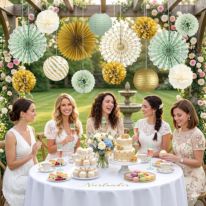 ADLKGG Sage Green Party Decorations, 14 Pcs Green and Gold Hanging Paper Fans, Lanterns, Pom Poms - Elegant Backdrop for Baby Shower, Bridal Shower, Birthday, Wedding, Engagement Party