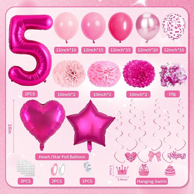 5th Birthday Decorations Girl, Pink Party Decorations with Number 5 Balloon Happy Birthday Banner Bday Sash Crown Tablecloth Fringe Curtain Hanging Swirl for 5 Year Old Girl Bday Decor