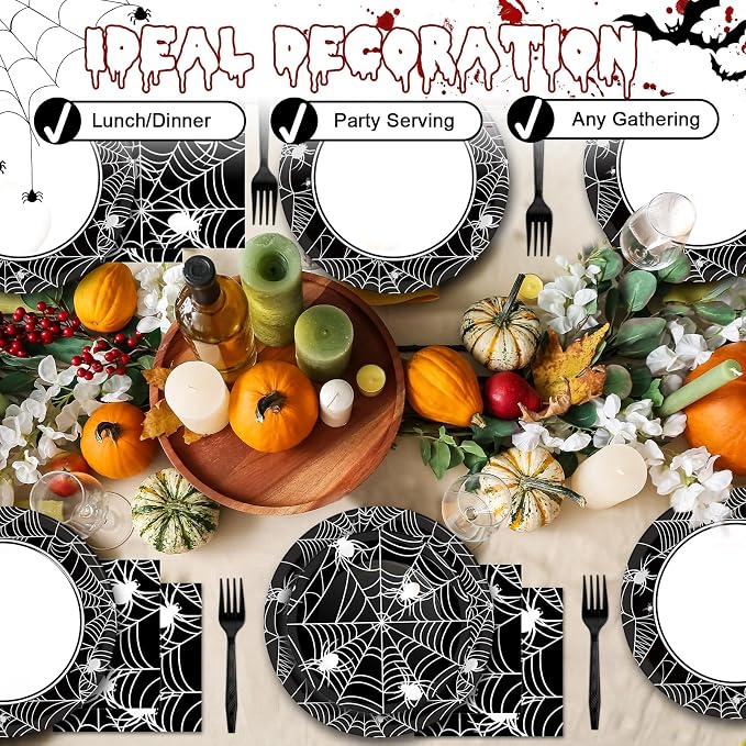50 Guests Halloween Spider Web Plates and Napkins Party Supplies Spiderweb Party Decorations Disposable Tableware Black and White Halloween Dinnerware Favor for Get Together Celebration, 200PCS