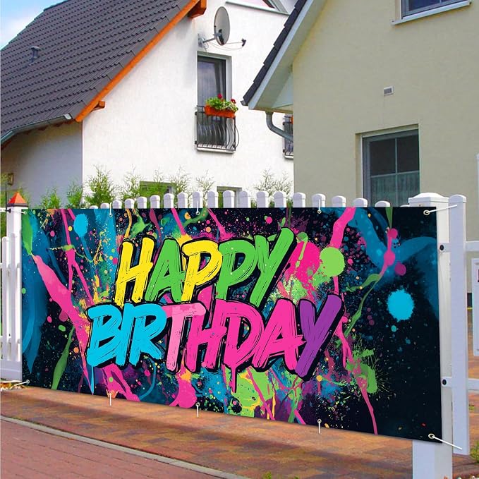 Neon Paint Splatter Birthday Backdrop 7x16ft Waterproof -Graffiti Garage Door Banner for Teen Party,Youth Photo Booth Background Wall Decor