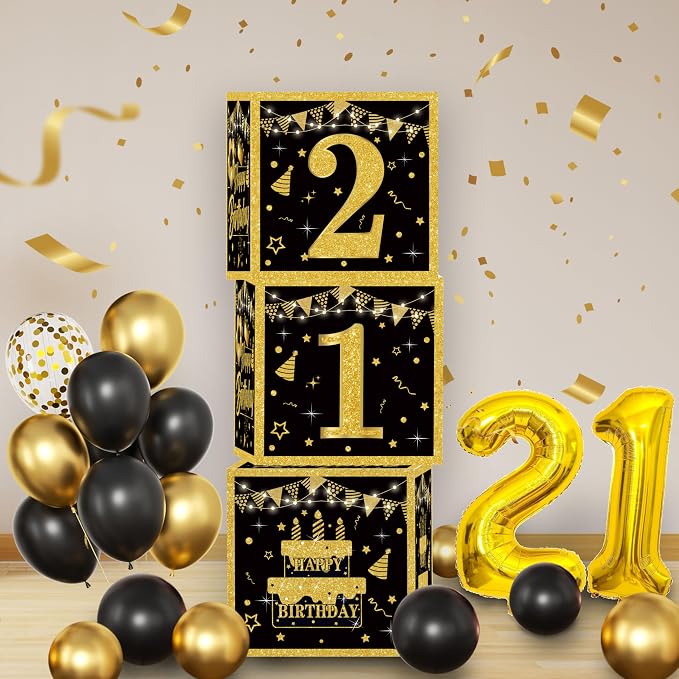 Gold 21st birthday decorations for him Men,3pcs birthday Decorations for Men boys black and gold Balloon Boxes Birthday Party Favors