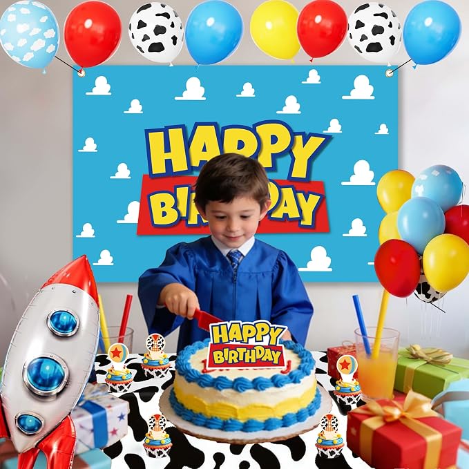 Cowboy and Space Birthday Decorations for Boys, Cartoon Theme Party Supplies with Cloud Backdrop, Cow Print Tablecloth, Rocket Foil Balloon, Cake Toppers, Red Yellow Blue Balloon Arch Kit