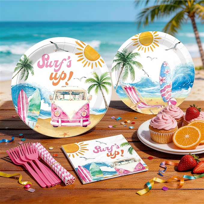 Xynic 205pcs Surf Birthday Party Decorations Complete Tableware Set, for 25 Guests, Beach Birthday Party Decorations, with Banner, Balloons, Cake Cupcake Toppers, Plates, Cups, Napkins, Tablecloth